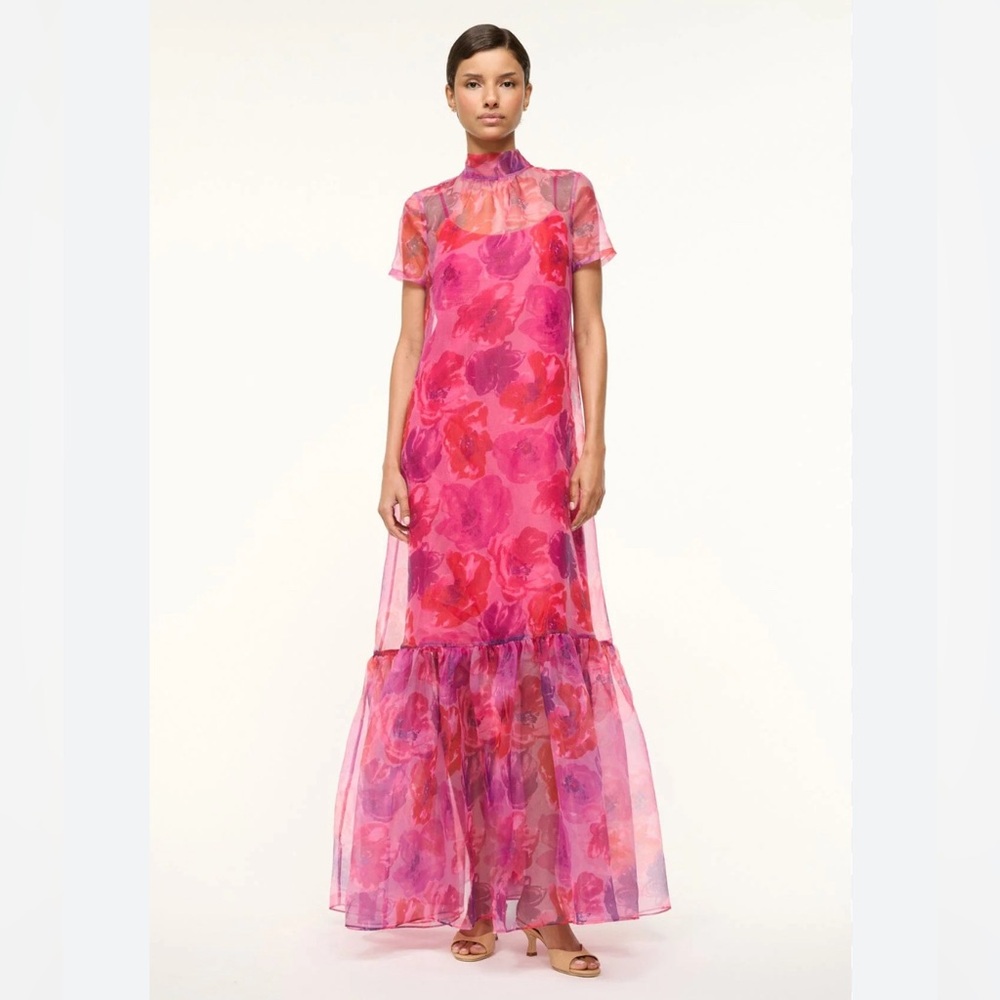 STAUD Pink and Red Floral Maxi Dress Wedding Guest or Special Occassion